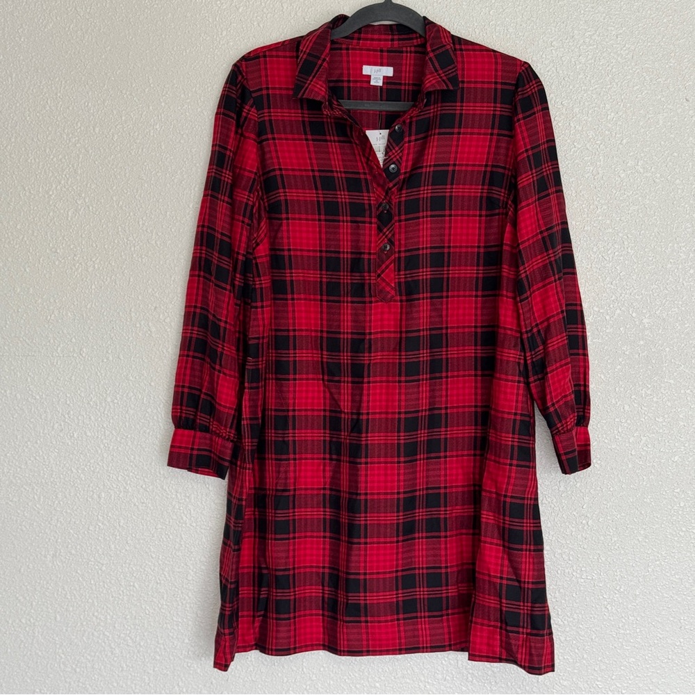 J Jill New Size XSP Classic Tartan Red Black Plaid Dress Pockets Tencel Lyocell